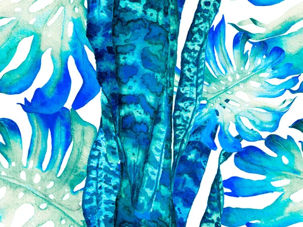 夏季植物背景 植物学森林图解 水彩画留下无缝图案 复古生态报告 异国泳衣设计 夏威夷水族印刷品 经典的蓝色和蓝色 — 图库照片