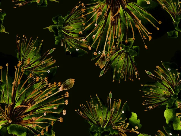 Cesur soyut çiçek deseni. Yeşil Arkaplanda Büyük Orman Kusursuz Parmak izi. Büyük Hawaii Yaz Aquarelle Lilikoi Sonsuz Arkaplan. Modern Kalın Soyut Çiçek Deseni.