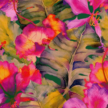 Yaz döngüsü. Suluboya tropik çiçekler ve canavar yaprakları. Palm ve Hibiscus bitkileri kusursuz desende. Bahar Hawaii suluboya geçmişi. Avuç içleri, canavarlar, mayo izleri..