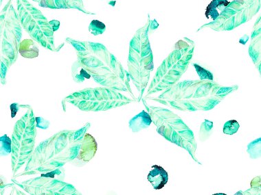 Suluboya Turuncu Çiçek ve Yapraklar. Canlı Sakura ve Jasmine Print. Yaz Vintage Arkaplanı. Green ve Aqua Menthe Bio Jasmin Kusursuz Şablon. Çiçek Ayurveda Deseni.