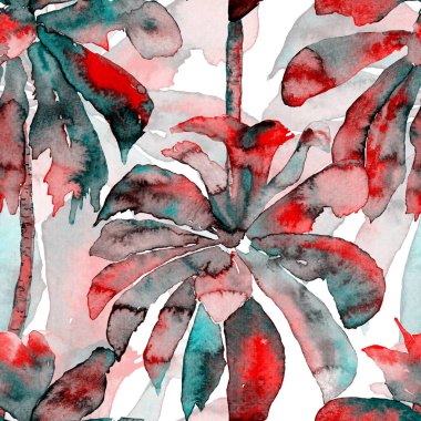 Avuç içi izi. Egzotik suluboya desensiz. Hawaii Tropikal Baskısı. Palmiye ağaçlı mayo tasarımı. Egzotik Yaprak İlişkisi. Suluboya Botanik Kusursuz Arka plan. Muz ve Hindistan cevizi ağaçları.