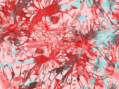 Tehlike izi yok. Kırmızı suluboya fırça darbesi grunge tasarımı. Suluboya kaotik sıçrama boya tasarımı. Kademeli mürekkep lekeleri. Toprak sıçrama deseni. Sıvı damlayan fırça sonsuz iz. 