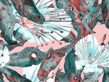 Kalın Çiçekler. Yeşil ve Kızıl Arkaplanda Büyük Hawaii Kusursuz Parmak izi. Büyük Tropik Bahar Maracuya Sonsuz Arkaplanı. Soyut Kalın Çiçek Yazdırma. 