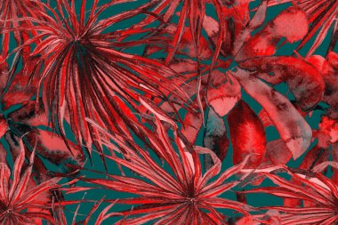 Etnik Aloha İlişkisi. Egzotik Bikini Özgeçmişi. Palmiye yapraklarının eğlenceli dokusu. Yeşil ve Kırmızı Suluboya Yatay Tropik Tasarım. Palm Geometric Mayo desenli. Tropikal Kusursuz Desen.