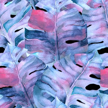 Tatil düzeni. Suluboya tropik çiçekler ve canavar yaprakları. Palm ve Hibiscus bitkileri kusursuz desende. Yaz Hawaii suluboya geçmişi. Avuç içleri, canavarlar, mayo izleri..