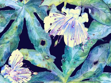 Kalın Çiçekler. Mavi İndigo 'da Büyük Egzotik Kusursuz Parmak izi. Büyük Egzotik Yaz Aquarelle Lilikoi Sonsuz Arkaplan. Soyut Kalın Çiçek Yazdırma. 