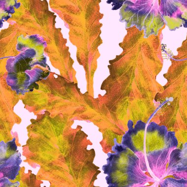 Tropikal desen. Suluboya egzotik çiçekler ve canavar yaprakları. Palm ve Hibiscus ormanları pürüzsüz. Yaz Hawaii suluboya geçmişi. Avuç içleri, canavarlar, mayo izleri..