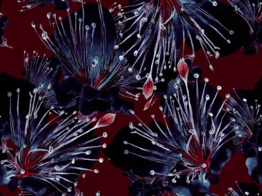 Kalın Çiçekler. Kızıl Arkaplanda Büyük Hawaii Kusursuz Parmak izi. Büyük Egzotik Bahar Kova Granadilla Sonsuz Arkaplan. Soyut Kalın Çiçek Yazdırma. 