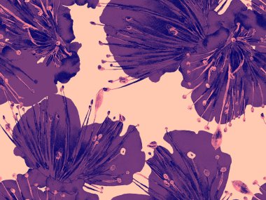 Kalın Çiçekler. Mor Arkaplanda Büyük Egzotik Kusursuz Parmak izi. Büyük Tropikal Bahar Kova Tutkusu Arkaplanı. Soyut Kalın Çiçek Yazdırma. 