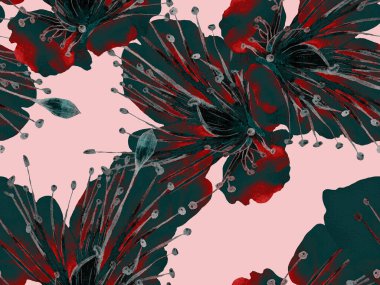 Kalın Çiçekler. Mavi ve Kırmızı Arkaplanda Geniş Ormansız Parmak İzi. Büyük Egzotik Yaz Maracuya Sonsuz Geçmişi. Soyut Kalın Çiçek Yazdırma. 