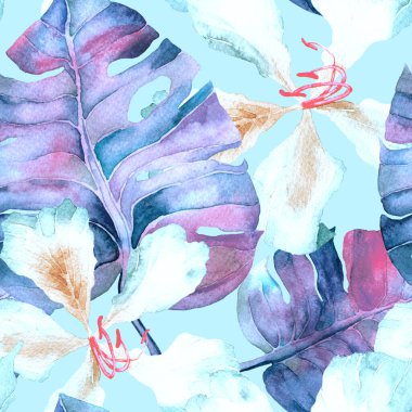 Tropikal desen. Suluboya egzotik çiçekler ve canavar yaprakları. Palm ve Hibiscus bitkileri kusursuz desende. Bahar Hawaii suluboya geçmişi. Avuç içleri, canavarlar, mayo izleri..