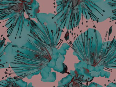 Cesur Çiçek Tasarımı. Yeşil ve Kızıl Arkaplanda Büyük Tropikal Kusursuz Parmak izi. Büyük Tropik Bahar Suluboya Granadilla Sonsuz Arkaplan. Sanatsal Kalın Çiçek Tasarımı.