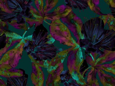 Bold Floral Print. Mor Arkaplanda Büyük Hawaii Kusursuz Parmak izi. Büyük Hawaii Bahar Sulu Tutku Meyvesi Sonsuz Arkaplan. Moda Kalın Çiçek Yazdırma.