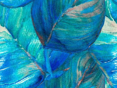 Egzotik Hawaii Tasarımı. Döşeme dokusu. Suluboya Çiçek Geçmişi. Tropik Yaz İlişkileri. Klasik Mavi ve İndigo Suluboya Yapraksız Kalıp. Tropikal Yapraklı Mayo İzi.