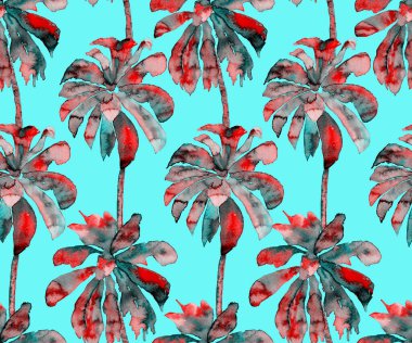 Avuç içi izi. Egzotik suluboya desensiz. Hawaii Tropikal Baskısı. Palmiye ağaçlı mayo tasarımı. Egzotik Yaprak İlişkisi. Suluboya Botanik Kusursuz Arka plan. Muz ve Hindistan cevizi ağaçları.