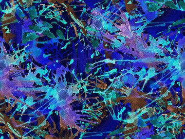 Sıvı, pürüzsüz desen. Mavi suluboya fırça darbesi grunge fayans. Suluboya kaotik sıçrama boya tasarımı. Elle çizilmiş mürekkep lekeleri. Toprak sıçrama deseni. Sıvı damlayan fırça sonsuz iz. 