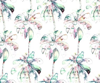 Avuç içi izi. Egzotik suluboya desensiz. Hawaii Tropikal Baskısı. Palmiye ağaçlı mayo tasarımı. Egzotik Yaprak İlişkisi. Suluboya Botanik Kusursuz Arka plan. Muz ve Hindistan cevizi ağaçları.