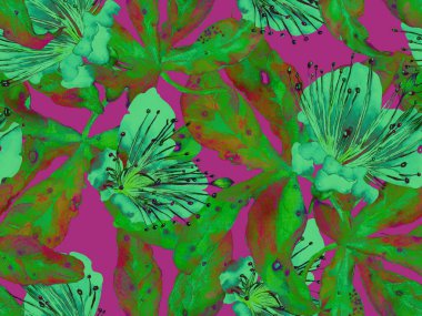 Cesur soyut çiçek deseni. Yeşil Arkaplanda Büyük Hawaii Kusursuz Parmak izi. Büyük Tropik Yaz Suluboya Lilikoi Sonsuz Geçmişi. Modern Kalın Soyut Çiçek Deseni.