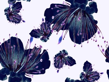 Çiçek desenli moda. Siyah ve Beyaz Arkaplanda Büyük Orman Kusursuz Parmak izi. Büyük Hawaii Yaz Sulu Granadilla Sonsuz Arkaplan. Rastgele Çiçek Deseni.