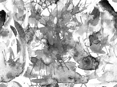 Püskürme izi yok. Siyah beyaz suluboya fırça darbesi grunge tasarımı. Suluboya soyut sıçrama boyası tasarımı. Elle çizilmiş mürekkep lekeleri. Toprak sıçrama deseni. Sıvı damlayan fırça sonsuz iz.