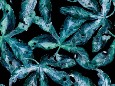 Kalın Çiçek deseni. Yeşil, Mavi Arkaplanda Büyük Tropikal Kusursuz Parmak izi. Büyük Orman Yaz Suluboya Lilikoi Sonsuz Geçmişi. Modern Kalın Çiçek Deseni.