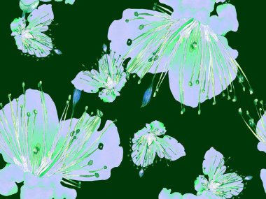 Bold Floral Print. Büyük bir Hawai parmak izi, mavi, Indigo arka planında. Büyük Hawaii Bahar Aquarelle Maracuya Sonsuz Arkaplan. Moda Kalın Çiçek Yazdırma.