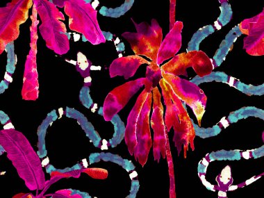 Elapidae Egzotik Geçmişi. Afrika Safari Deri ve Flora İllüstrasyon. Yılan Derisi Parmak izi. Zehirli Ejder Taklidi. Klasik Mavi ve Lush Lav Kırmızı Aspid Kusursuz Desen. El Çekimi Tropikal Desen.