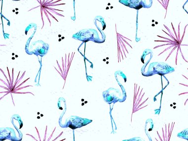 Büyük hipster flamingo mavisi, kusursuz Hawaii deseni. Yaz tropikal kuşları sonsuz baskıyı suluboya. Yaban kuşlarıyla minimalist geometrik mayo arka planı. Flamingolu yatay fayans.