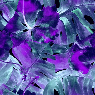 Mavi mor renkli egzotik desen. Suluboya tropik yapraklar. Palm ve Hibiscus bitkileri kusursuz desende. Yaz Hawaii suluboya geçmişi. Tropik palmiyeler, canavarlar, çiçek desenleri..