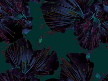 Bold Floral Print. Mor Arkaplanda Büyük Hawaii Kusursuz Parmak izi. Büyük Tropik Bahar Maracuya Sonsuz Arkaplanı. Moda Kalın Çiçek Yazdırma.