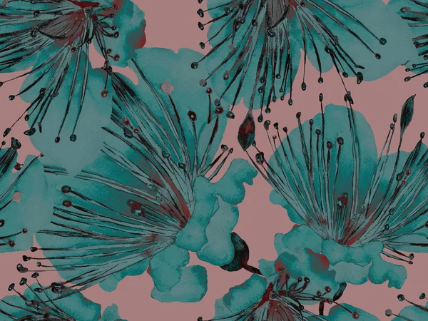 Cesur Çiçek Tasarımı. Yeşil ve Kızıl Arkaplanda Büyük Tropikal Kusursuz Parmak izi. Büyük Tropik Bahar Suluboya Granadilla Sonsuz Arkaplan. Sanatsal Kalın Çiçek Tasarımı.