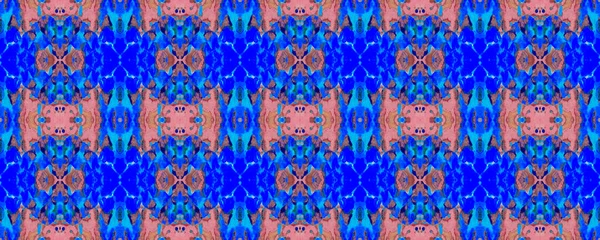 Geometric Ethnic Seamless Pattern. Fun Symmetric Border Rapport. Watercolor Hand Drawn Batik. Psychedelic Folk Background. Allover Ethnic Swimwear Design. sapphire Ikat Horizontal Texture.