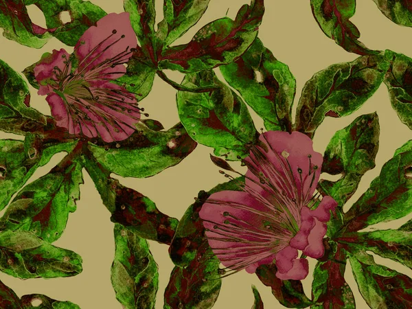 Cesur soyut çiçek deseni. Yeşil ve Kızıl Arkaplanda Büyük Hawaii Kusursuz Parmak izi. Büyük Orman Yazı Maracuya Sonsuz Arkaplanı. Modern Kalın Soyut Çiçek Deseni.