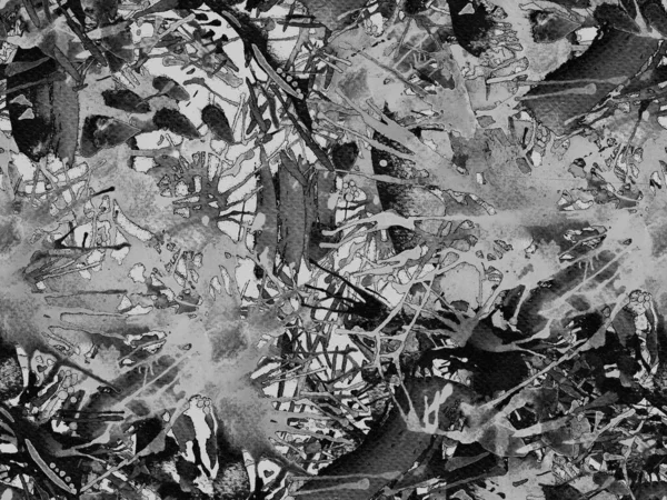 Püskürme izi yok. Siyah beyaz suluboya fırça darbesi grunge tasarımı. Suluboya boya boya tasarımı. Elle çizilmiş mürekkep lekeleri. Toprak sıçrama deseni. Sıvı damlayan fırça sonsuz iz.