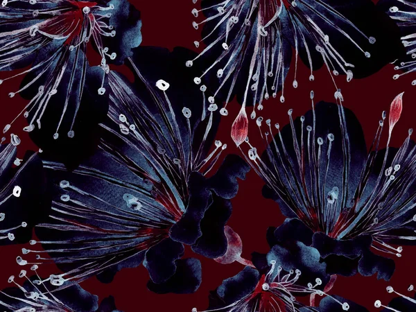 Çiçek desenli moda. Yeşil ve Kırmızı Arkaplanda Büyük Tropikal Kusursuz Parmak izi. Büyük Tropikal Yaz Suluboya Lilikoi Sonsuz Geçmişi. Rastgele Çiçek Deseni.