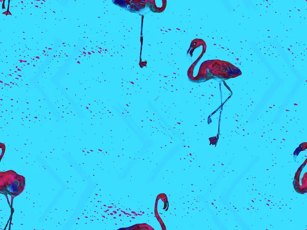 Large hipster flamingo blue hawaiian seamless pattern. Spring saturated watercolor t-shirt print. Saturated hipster swimwear tile with wild feathered fowls. Watercolour horizontal tile.