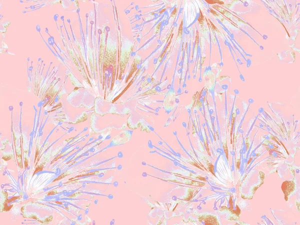 Kalın Çiçekler. Pembe ve Sarı Arkaplanda Büyük Hawaii Kusursuz Parmak izi. Büyük Hawaii Baharı Maracuya Sonsuz Arkaplanı. Soyut Kalın Çiçek Yazdırma. 