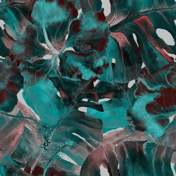 Tatil düzeni. Suluboya tropik çiçekler ve canavar yaprakları. Palm ve Hibiscus bitkileri kusursuz desende. Bahar Hawaii suluboya geçmişi. Tropik palmiyeler, canavarlar, çiçek desenleri..