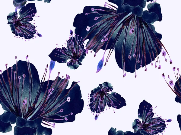 Çiçek desenli moda. Siyah ve Beyaz Arkaplanda Büyük Orman Kusursuz Parmak izi. Büyük Hawaii Yaz Sulu Granadilla Sonsuz Arkaplan. Rastgele Çiçek Deseni.