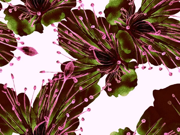 Kalın Çiçek deseni. Yeşil Arkaplanda Büyük Hawaii Kusursuz Parmak izi. Büyük Orman Baharı Sulu Boyalı Lilikoi Sonsuz Arkaplan. Modern Kalın Çiçek Deseni.