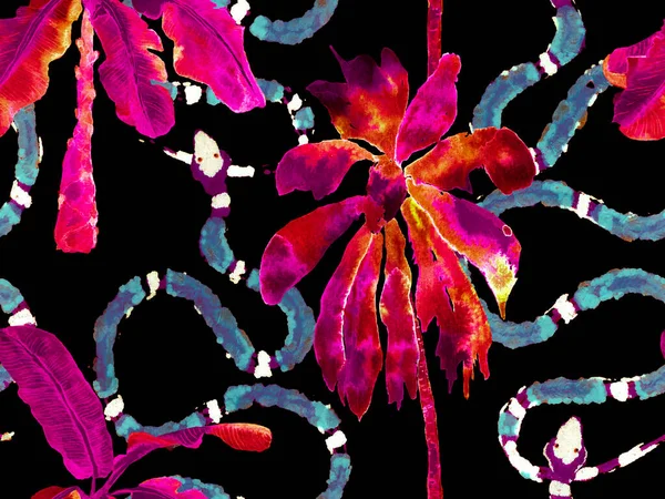 Elapidae Egzotik Geçmişi. Afrika Safari Deri ve Flora İllüstrasyon. Yılan Derisi Parmak izi. Zehirli Ejder Taklidi. Klasik Mavi ve Lush Lav Kırmızı Aspid Kusursuz Desen. El Çekimi Tropikal Desen.