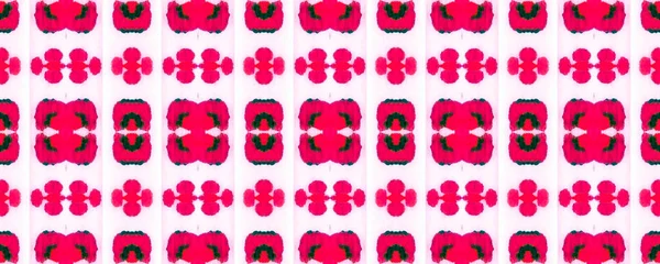 Suluboya El Çizilmiş Batik. Psikedelik Halk Arkaplanı. Allover Etnik Mayo Tasarımı Eğlenceli Simetrik Sınır İlişkisi. Geometrik Etnik Desensiz Desensiz Mercan Kırmızı Ikat Yatay Doku.