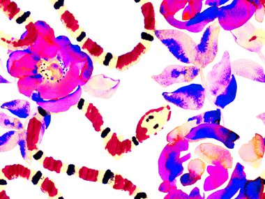 Klasik Mavi ve Lush Lav Kızıl Afrika Safari Deri ve Flora Illustration. El çizimi tropik desen. Yılan Derisi Parmak izi. Zehirli Ejder Taklidi. Elapidae Egzotik Geçmişi. Asspid Kusursuz Desen.