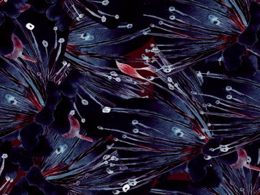 Kalın Çiçekler. Kızıl Arkaplanda Büyük Orman Kusursuz Parmak İzi. Büyük Tropik Bahar Suluboya Granadilla Sonsuz Arkaplan. Soyut Kalın Çiçek Yazdırma. 