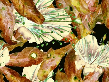 Kalın Çiçek deseni. Kahverengi Arkaplan 'da Büyük Egzotik Kusursuz Parmak izi. Büyük Orman Yaz Aquarelle Maracuja Sonsuz Arkaplan. Kalın Çiçek Tasarımı.