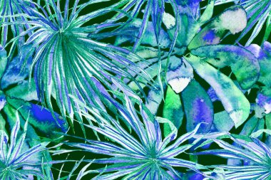 Tropikal Kusursuz Desen. Turkuaz Mavi Etnik Aloha İlişkisi. Egzotik Bikini Özgeçmişi. Palmiye yapraklarının eğlenceli dokusu. Suluboya Yatay Tropik Tasarım. Palm Geometric Mayo Kalıbı.