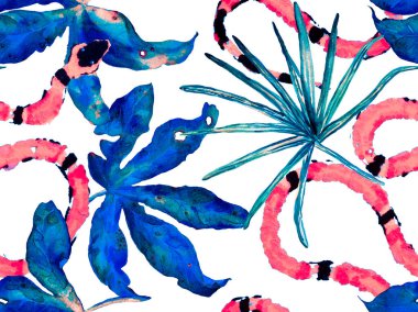 Elapidae Egzotik Geçmişi. Klasik Mavi ve Lush Lav Kırmızı Yılan Derisi Parmak izi. Zehirli Ejder Taklidi. Afrika Safari Deri ve Flora İllüstrasyon. El çizimi tropik desen. Asspid Kusursuz Desen.
