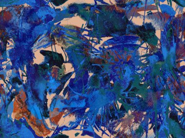 Tehlike izi yok. Mavi suluboya fırça darbesi grunge fayans. Suluboya kaotik sıçrama boya tasarımı. Kademeli mürekkep lekeleri. Toprak sıçrama deseni. Sıvı damlayan fırça sonsuz iz.