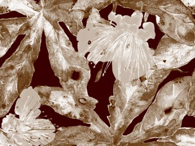 Bold Floral Print. Kahverengi Arkaplanda Büyük Hawaii Kusursuz Parmak izi, Kara Arkaplan. Büyük Hawaii Yaz Aquarelle Maracuya Sonsuz Arkaplan. Moda Kalın Çiçek Yazdırma.