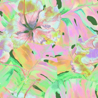 Egzotik desen. Suluboya tropik çiçekler ve canavar yaprakları. Palm ve Hibiscus bitkileri kusursuz desende. Yaz Hawaii suluboya geçmişi. Avuç içleri, canavarlar, mayo izleri..